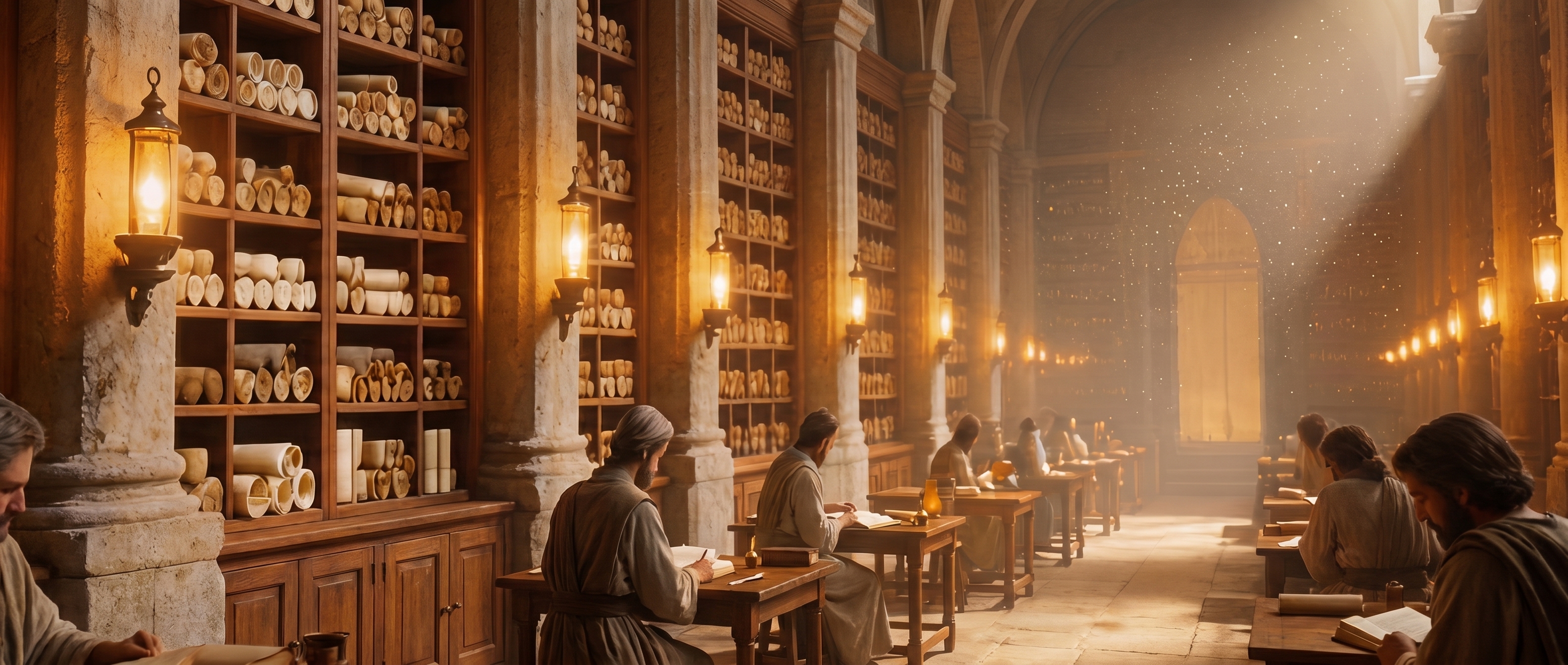 An ancient library with scrolls in wooden shelving, classical columns, warm lamps, scholars at study, light from an arched doorway in the distance.